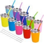 10 Pack Kids Cups with Straws Lids Spill Proof Toddlers Tumbler with Colorful Silicone Sleeves Reusable Kids Stainless Steel Smoothie Cups with Lids for Cold & Hot Drinks -12oz - Image 2
