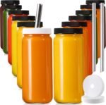 12 PACK, 16 OZ Glass Juice Bottles with Airtight Lids, Bonus 2 Straws & Perforated Lids, Reusable Juicer, Juicing Bottle - Clear Drinking Jars Cups, Water Bottles, Travel Juice Container, Black Caps - Image 2