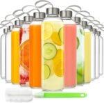 12 Pack 18oz Glass Bottles with Lids Carry Strap for Juicing, Reusable Clear Glass Water Bottle with Stainless Steel Airtight Cap for Refrigerator, 100% Leak Proof, BPA Free Drinking Jar - Image 2