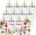 12 Pack 24 oz Sublimation Tumblers with Dome Lid and Straw Double Wail Stainless Steel Vacuum Insulated Blank Tumbler with Curved Cover for Christmas DIY Cups - Image 2