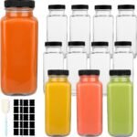 12 Pack Glass Drink Bottles, 8.5 OZ Vintage Square Water Bottles with Lids, Juice Bottles Beverages Containers for Milk, Kombucha, Smoothies - Image 2