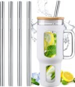 12" Stainless Steel Straws Replacement for Stanley Adventure Quencher 40 oz 30 oz Cup Tumbler, 4 Pack Metal Straws Reusable with Cleaning Brush for Stanley 40 oz & Simple Modern Tumbler with Handle - Image 2