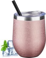 12 oz Insulated Wine Tumbler with Lid and Straw Double Wall Vacuum Insulated Wine Cup Stainless Steel Wine Tumbler Glasses for Coffee,Champaign,Office (Wrinkle Paint Rose Gold,1) - Image 2