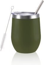12 oz Insulated Wine Tumbler with Lid and Straw,Stainless Steel Stemless Wine Tumbler Glasses Double Wall Vacuum Wine Cups Tumbler for Coffee,Cocktail,Office（Navy Green,1） - Image 2