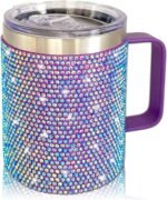12oz Bling Travel Coffee Mug with Handle and Lid Rhinestone Insulated Coffee Mug Stainless Steel Vacuum Reusable Glitter Coffee Tumbler Thermal Cup for Home and Office (Purple) - Image 2
