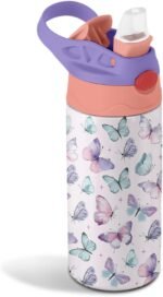 12oz Butterfly Kids Water Bottle, Colorful Butterflies Water Bottle for School, Kids Insulated Bottles with Straw & Handle, Leak-Proof, BPA-free, Straw Lid, Stainless Steel Bottles Gift Cup for Girls - Image 2