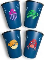 12oz Stainless Steel Cups for Kids (Sea Creatures) Set of Four (4) Kids Cups - BPA Free, Reusable and Eco Friendly Metal Toddler Tumblers, Unbreakable Steel Drinking Glasses - Image 2