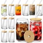 [ 12pcs Set ] Glass Cups with Bamboo Lids and Glass Straw - Beer Shaped Drinking Glasses, 16 oz Iced Coffee Glasses, Cute Tumbler Cup for Smoothie, Boba Tea, Whiskey, Water - 4 Cleaning Brushes - Image 2