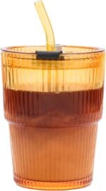 13 OZ Matcha Cups Glass with Reusable Straw Insulated Iced Latte Tumbler Mug Leakproof Travel for Iced Coffee Smoothie Tea BPA Free Dishwasher Safe Eco-Friendly. (Amber-1pcs) - Image 2