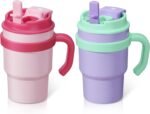 13.5oz Kids Insulated Tumbler with Straw,2 Pack Kids Insulated Water Bottle Stainless Steel Double Wall Vacuum Tumbler with 2 in 1 Sip/Swig Lids,Leak Proof Water Bottle for School(Pink-Purple) - Image 2
