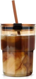 13oz Tumbler Water Glass Cups with Straw and Lid, Reusable Iced Coffee Cups, Iced Tea, Sealed Carry-On Glass Tumbler for Travel, Home, Office, Party and Outdoor (Amber 1 Pack) - Image 2