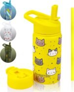 14 OZ Kids Water Bottle with Straw & 2 Lids (Flip & Spout) Leak Proof Metal Insulated Stainless Steel Reusable Tumbler for School & Sports Water Bottle - Yellow (Cat) - Image 2