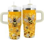 14oz Bee Tumbler with Handle, Stainless Steel Insulated Cup with Lid and Straw Personalized 14 OZ Bee Tumblers Gifts for Women Men - Image 2