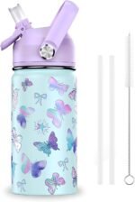 14oz Kids Insulated Water Bottle with Straw Lid - 18/8 Stainless Steel Kid Cup Travel Tumbler Double Wall Vacuum Leak Proof Portable Toddler Water Bottle(Butterfly） - Image 2