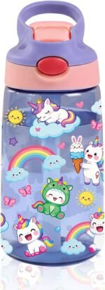 14oz Unicorn Kids Water Bottle with Straw - Rainbow Water Bottle For School, Leakproof, Lightweight, Durable Plastic Bottles for Kids Travel, Pop-Up Straw Cover, Gift Cup for Girls (Unicorn) - Image 2