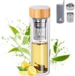 15oz Double Wall Glass Water Bottle with Bamboo Lid and Tea Infuser – Insulated, Leak-Proof, and Eco-Friendly Travel Tea Mug with Filter for Hot or Cold Beverages - Image 2