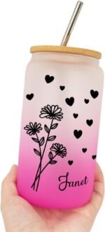 16 Oz Can Glass Cup Customized Birth Flower Glass Water Bottle with Bamboo Lid And Straw - Reusable Water Cups Glass Tumbler W/Lids Straws - Valentines Day Gifts for Women - Image 2