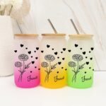 16 Oz Glass Coffee Cup Customized Birth Flower Glass Water Bottle with Bamboo Lid - Reusable Water Cups Glass Cups with Bamboo Lid And Straw - Women's Day Gifts for Colleague - Image 2