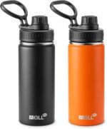 16 oz Water Bottle Stainless Steel Vacuum Insulated Wide Mouth Sports Flask, 2 Pack Water Bottle with Leakproof Spout Lid (Orange-Black) - Image 2