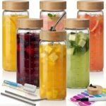 16oz Round Glass Juice Bottles with Lids, 6 Pack Reusable Juice Containers with Bamboo Lids, Glass Juicing jars with 4 Straws & 2 Airtight Lid with Hole for Drinking - Image 2