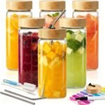 16oz Square Glass Juice Bottles with Lids, 6 Pack Reusable Juice Containers with Bamboo Lids, Glass Juicing jars with 4 Straws & 2 Airtight Lid with Hole for Drinking - Image 2