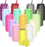 16oz Stainless Steel Can Tumblers, 16 Pack Insulated Beer Can Glass Cups with Lids and Straws, Iced Coffee Cup for Smoothie, Juice, Soda, Milk, Multiple colors - Image 2