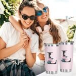 Shqiueos Initial Monogrammed Gifts for Women, 20oz Insulated Tumbler With Lid, Stainless Steel Vacuum Pink Cup, Personalized Christmas, Wedding, Birthday Gifts for Her Friends Mom Sister - Image 3