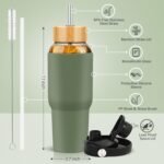 PROBTTL Glass Water Bottles 32 oz, 1 Liter Glass Tumbler, Borosilicate Water Bottle with Straw, Silicone Sleeve, 2 Lids - Handle Spout & Bamboo Straw Lid, Fits Car Cup Holder (Olive) - Image 3