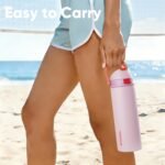 Insulated Water Bottle with Straw - Encool Stainless Steel Water Bottle with Push Button Lid, Leak-Proof & BPA-Free, Keeps Cold for 24 Hours for Sports, Travel, Gym (24 oz, Lily-Red) - Image 3