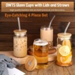 DWTS DANWEITESI Glass Cups with Lids and Straws 4 pcs,16oz Drinking Glasses Set for Coffee Bar Accessories,Iced Coffee Cups with Lids,Matcha Cup Glass Tumbler Reusable for Gifts - Image 4