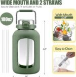Large Glass Water Bottles with Stainless Steel Handle,100 oz Gallon Drinking Bottle with 2-in-1 Straw Lid,3 Liter Glass Water Jug with Silicone Sleeve,Wide Mouth,Olive - Image 3