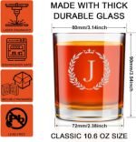 Mens Valentines Day Gifts for Him, Personalized Engraved A-Z 10.6 oz Rocks Whiskey Glass for Men, Unique Fathers Day Birthday Gifts for Men Him Dad Husband Brother Son (J) - Image 3