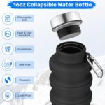 Collapsible Water Bottle, 16oz Portable Reusable Silicone Water Bottle, BPA-Free Leak-Proof Foldable Design with Carabiner, Lightweight Durable for Gym, Travel, Camping, Hiking, Sports-Black - Image 4