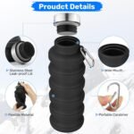 Collapsible Water Bottle, 16oz Portable Reusable Silicone Water Bottle, BPA-Free Leak-Proof Foldable Design with Carabiner, Lightweight Durable for Gym, Travel, Camping, Hiking, Sports-Black - Image 5