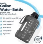 AQUAFIT 1 Gallon Water Bottle with Time Marker - Straw & Chug Lid - BPA Free Gym Water Bottle with Straw - Big Gallon Jug (Gray, 128 oz - 2in1 Lid) - Image 3