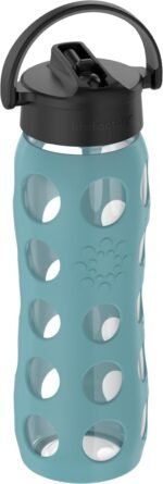 Lifefactory 22-Ounce Glass Water Bottle with Pivot Straw Cap and Protective Silicone Sleeve, Aqua Teal - Image 3
