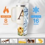 Personalized Sunflower 40oz Stainless Steel Tumbler with Handle & Straw - Monogrammed, Customized, Initials - Women's Birthday, Mother's Day Gift - Image 4
