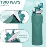 32 oz Sports Glass Water Bottle with Straw & Silicone Sleeve Reusable BPA-free Borosilicate Glass Drinking Bottle with Flip Top Lid & Handle Wide Mouth (Deep Green) - Image 5