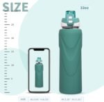 32 oz Sports Glass Water Bottle with Straw & Silicone Sleeve Reusable BPA-free Borosilicate Glass Drinking Bottle with Flip Top Lid & Handle Wide Mouth (Deep Green) - Image 6