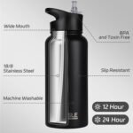 HASLE OUTFITTERS 32 oz Insulated Water Bottle Stainless Steel Double Walled Vacuum Sports Water Bottle with 2 Lids (Straw and Spout Lid) for Gym Camping Hiking(Black,1) - Image 3