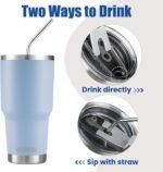D·S 30oz Blue Tumbler Stainless Steel Double Wall Vacuum Insulated Mug with Straw and Lid, Cleaning Brush for Cold and Hot Beverages - Image 4
