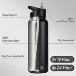 HASLE OUTFITTERS 40oz Stainless Steel Water Bottle, Vacuum Insulated Double Walled Leak Proof Sports Water Bottle with 2 Lids (Straw and Spout Lid) Thermo Mug Keep Cold and Hot(Black,1) - Image 3