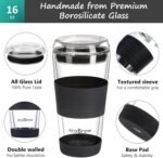 16oz Double Wall All Glass Tumbler with Lid, Glass Travel Mug, Dishwasher Safe & Microwavable Clear Coffee Tumbler To Go, Reusable Ceramic Cup with Lid, Black - Image 3