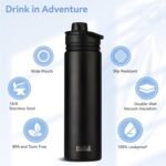 HASLE OUTFITTERS Insulated Water Bottle 22 oz Double Wall Stainless Steel Water Bottle Wide Mouth with Straw Lid & Spout Lid Keeps Cold or Hot(Black,1) - Image 3