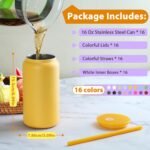 16oz Stainless Steel Can Tumblers, 16 Pack Insulated Beer Can Glass Cups with Lids and Straws, Iced Coffee Cup for Smoothie, Juice, Soda, Milk, Multiple colors - Image 3