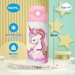 Girls Insulated Water Bottle with Covered Pop-Up Straw,16 oz Kids Cups with Stainless Steel Leak Proof for School Pink（Unicorn） - Image 3