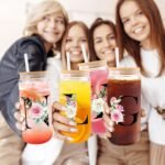 Initial Glass Cups with Lids and Straws, Personalized Gifts for Women, Iced Coffee Cup Glass Tumbler, Birthday Bridesmaid Proposal Inspirational Customized Gifts for Her Girls (A) - Image 3