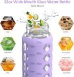 MUKOKO 32oz Glass Water Bottles with 2 Lids-Handle Spout Lid&Bamboo Straw Lid, Motivational Water Tumbler with Time Marker Reminder and Silicone Sleeve, Leakproof-Purple-1 Pack - Image 5
