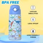 Boys Insulated Water Bottle with Covered Pop-Up Straw,16 oz Kids Cups with Stainless Steel Leak Proof for School（Blue-Dinosaur） - Image 4