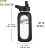 CIVAGO 32 oz Glass Water Bottle with Straw and Insulated Bottle Holder Sling, Motivational Water jug with Time Marker and Silicone Sleeve, Large Sport Water Flask with 2 Lids, Black - Image 4